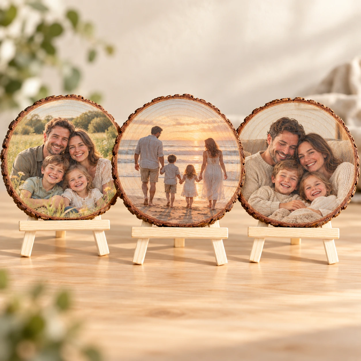 Drei natürliche Baumscheiben auf Mini-Staffeleien mit unterschiedlichen Familienfotos und sichtbaren Jahresringen.